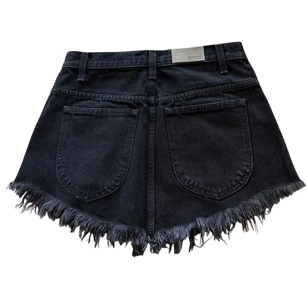 Carmar Black Denim Mini Skirt Distress Goth Preppy Women Y2k‎ Streetwear Skirt